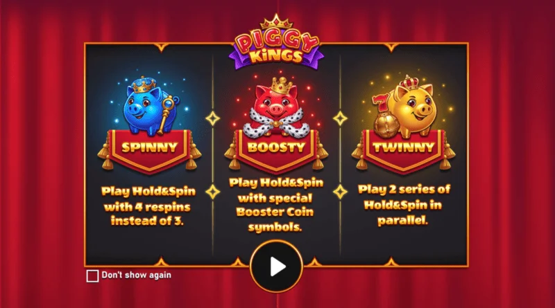 Piggy Kings — galvenais ekrāns ar trim cūkām un ruļļiem