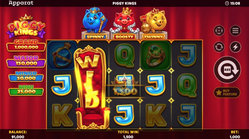 Piggy Kings — trīskrāsu Booster Coins spēles laukumā
